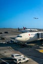 Vertical view of Delta passenger jets on the tarmac